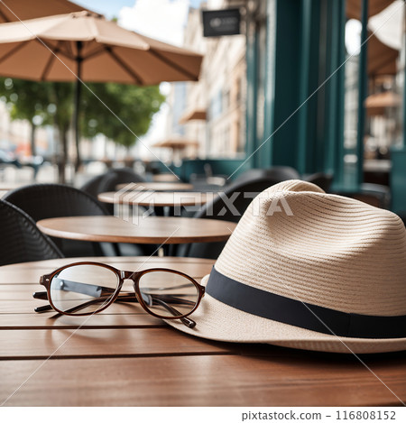 Hat and glasses on a table on a cafe terrace 116808152