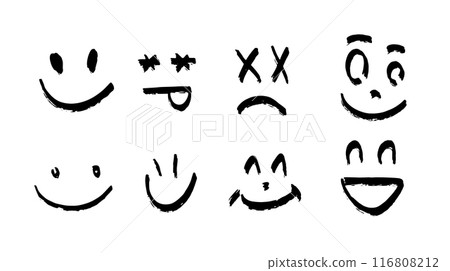 Simple Faces. Vector Happy Doodle Smile, cartoon emoticons set on White Background. Joyful and Simple Faces. Vector Happy Doodle Smile, cartoon emoticons set on White Background. Joyful and 116808212