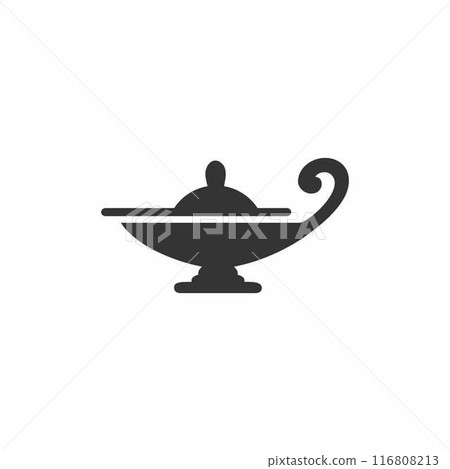 Aladdin lamp flat style silhouette. A black and white illustration of a magic lamp isolated on white background. 116808213