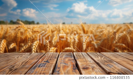 Old wooden table overlooking a vast wheat field, highlighting the beauty of rural landscapes. Perfect for nature websites and blogs. 116808535