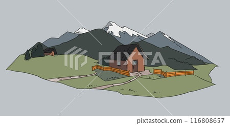 Flat vector illustration sketch of abstract mountain landscape with cozy log cabin on green foothills and snowcapped mount peaks. Simple decorative cartoon graphic logo design concept of nature. Flat vector illustration sketch of abstract mountain landscape with cozy log cabin on green foothills and snowcapped mount peaks. Simple decorative cartoon graphic logo design concept of nature. 116808657