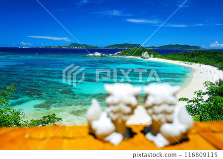 Okinawa: Shisa gazing at the beautiful ocean of Tokashiki Island 116809115