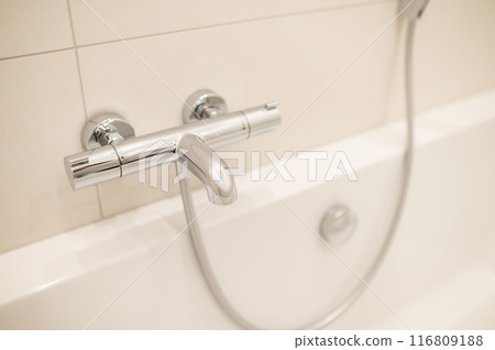Close up picture of new bathroom fitment in a clean bathroom 116809188