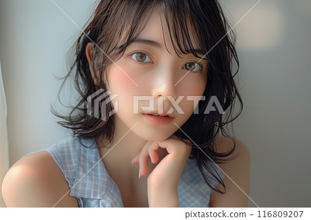 A girl with black bob hair wearing a light blue sleeveless top 116809207