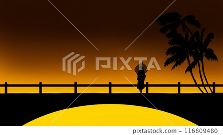 Illustration of a silhouetted woman standing alone on a bridge while looking at the beautiful view of the evening sky  116809480