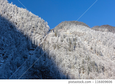 Mountain funicular on a mountainside in the Austrian village of Hallstatt. 116809606