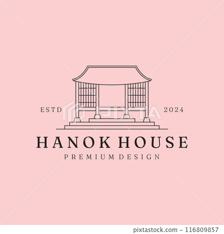 Hanok house line art vector logo design graphic, Korean traditional house logo concept Hanok house line art vector logo design graphic, Korean traditional house logo concept 116809857