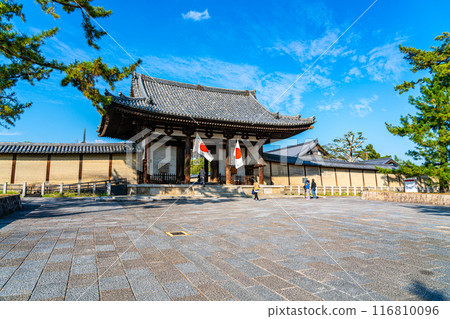[Nara Prefecture] The South Gate of Horyuji Temple under a beautiful blue sky 116810096