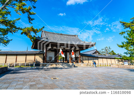 [Nara Prefecture] The South Gate of Horyuji Temple under a beautiful blue sky 116810098