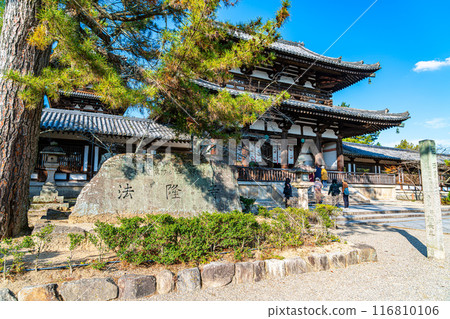 【奈良縣】藍天美麗的法隆寺中門 【奈良縣】藍天美麗的法隆寺中門 116810106