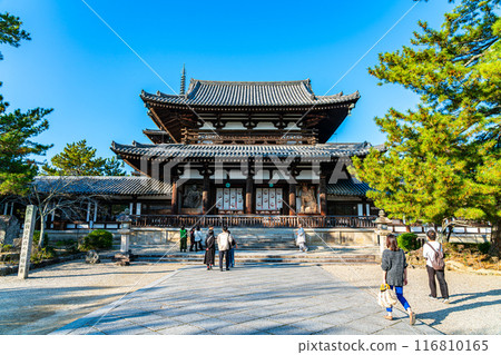 [Nara Prefecture] The inner gate of Horyuji Temple under a beautiful blue sky 116810165
