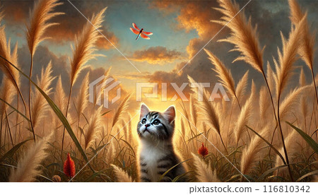 秋天的傍晚，一隻小貓抬頭看著潘帕斯草地上的紅蜻蜓 116810342