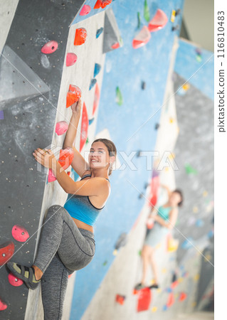 Young girl climbing on artificial rock wall in rock-climbing gym 116810483