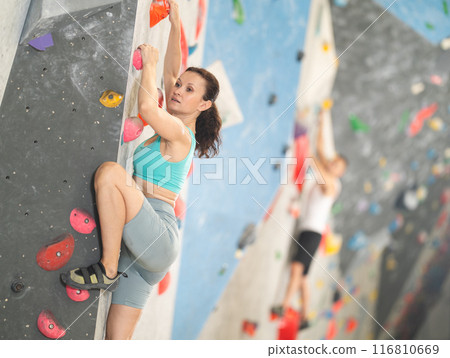 Adult woman is mastering climbing on training wall in gym, side view. Young woman holds on tightly to ledges and strives for top of bouldering route 116810669
