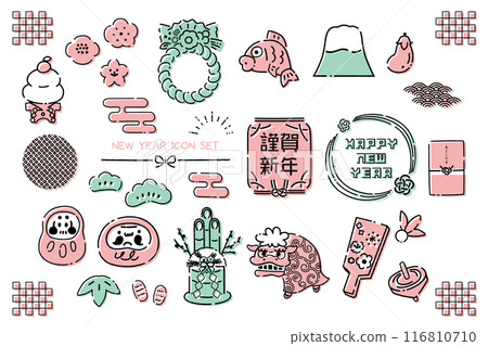 New Year's hand-drawn illustration line drawing set 2 116810710