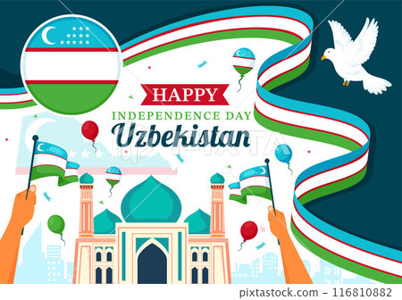 Happy Uzbekistan Independence Day Vector Illustration on September 1st with Uzbek Flag and Ribbon in a National Holiday Flat Style Cartoon Background 116810882