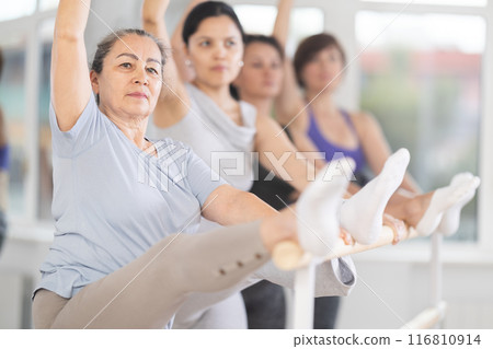 Group of women stretching at ballet barre 116810914