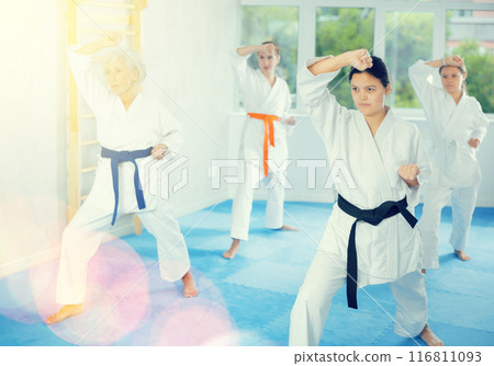 Group of women training karate techniques in studio 116811093