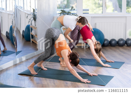 Happy woman standing yoga pose and making full body stretching workout by female trainer in sports room 116811115