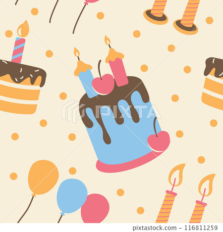 Cute Birthday Cake Cupcake Seamless Pattern Motif Decoration Vector Illustration on Cream Background 116811259