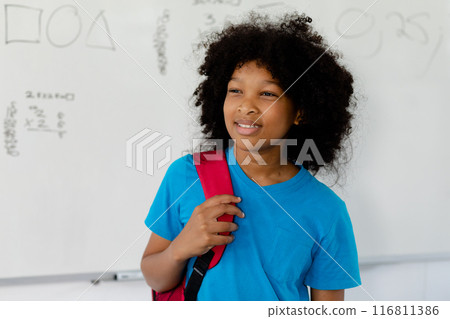 Portrait of smiling biracial schoolgirl standing by whiteboard in class, with copy space Portrait of smiling biracial schoolgirl standing by whiteboard in class, with copy space 116811386