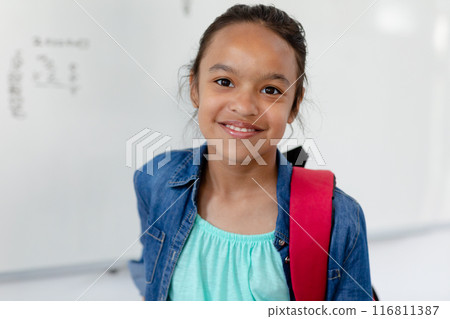 Portrait of smiling biracial schoolgirl standing by whiteboard in class, with copy space 116811387