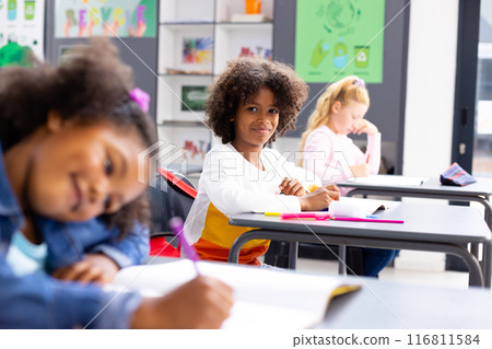 Happy diverse schoolchildren sitting at desks in school classroom 116811584