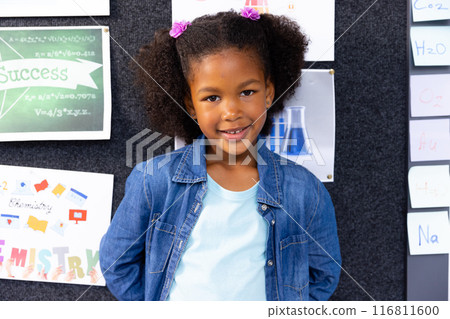 Portrait of african american schoolgirl in school classroom with chemistry posters in background Portrait of african american schoolgirl in school classroom with chemistry posters in background 116811600