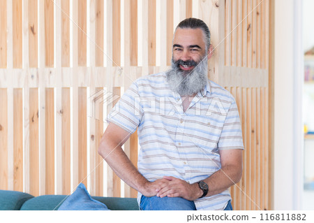 Smiling senior man with beard sitting on couch in modern living room setting, copy space 116811882