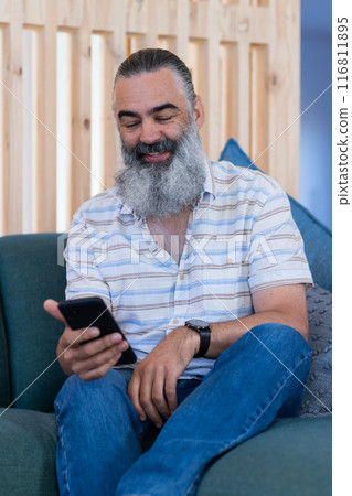 Sitting on couch, senior man with smartphone smiling and enjoying leisure time 116811895