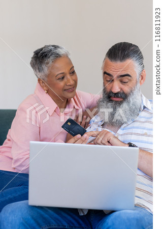 Using laptop, senior couple holding credit card and discussing online purchase 116811923