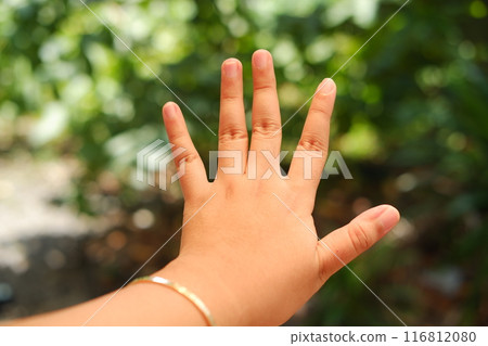 hand of a child on a green background. focus on the hand hand of a child on a green background. focus on the hand 116812080
