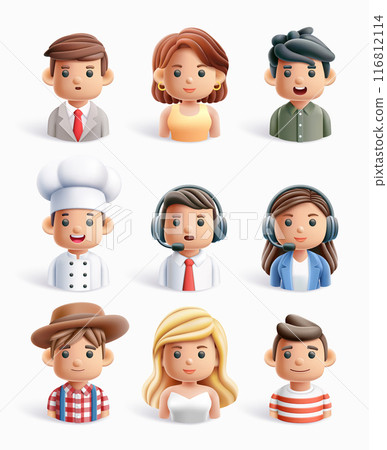3D cartoon plasticine style avatars, half body, each representing a different profession. 116812114