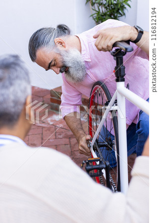 Fixing bicycle, senior man adjusting bike seat while woman watches attentively 116812194