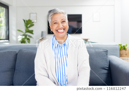 Smiling senior woman on video call on couch in cozy living room, looking happy 116812247