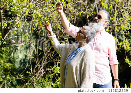 Senior couple enjoying nature, picking leaves and looking at birdcage outdoors Senior couple enjoying nature, picking leaves and looking at birdcage outdoors 116812269