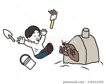 Illustration material of a boy surprised in a sandbox and a mole popping out of a sand house 116812450