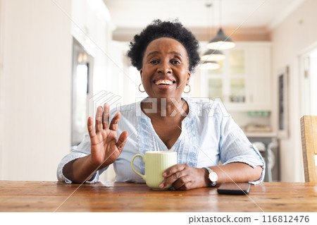 Portrait of happy senior african american woman having video call at home 116812476