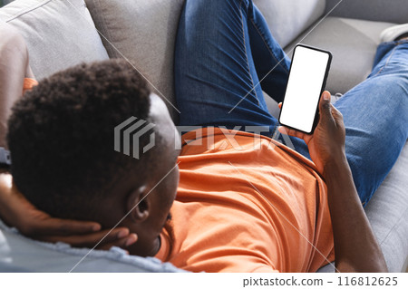 African american man relaxing on couch using smartphone with copy space screen at home 116812625