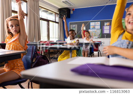 Multiracial schoolgirls raising their hands while sitting at desks in classroom Multiracial schoolgirls raising their hands while sitting at desks in classroom 116813063