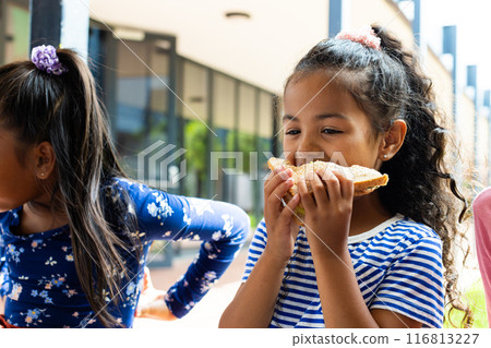 A biracial girl enjoys a sandwich outdoors, eating lunch at school with friends A biracial girl enjoys a sandwich outdoors, eating lunch at school with friends 116813227