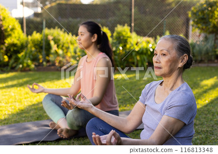 Practicing yoga, asian grandmother and granddaughter meditating on yoga mats in outdoor garden 116813348