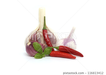 Fresh garlic, chili peppers, and basil leaves isolated on a white background Fresh garlic, chili peppers, and basil leaves isolated on a white background 116813412