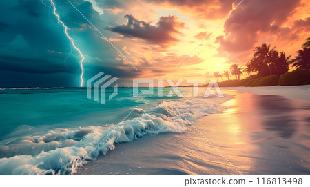 tropical beach view at cloudy stormy sunset with white sand, turquoise water and palm trees, neural network generated image tropical beach view at cloudy stormy sunset with white sand, turquoise water and palm trees, neural network generated image 116813498