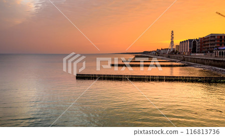 View of promenade of resort town of Zelenogradsk on the coast of Baltic sea at sunrise. Russia 116813736