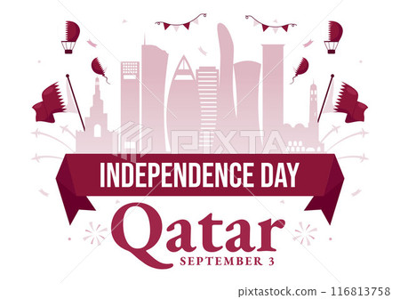 Happy Qatar Independence Day Vector Illustration for September 3rd featuring a Waving Flag and Ribbon in a Flat Style Cartoon Background 116813758
