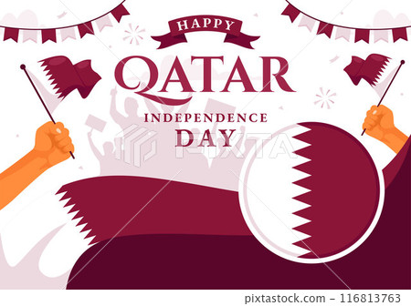 Happy Qatar Independence Day Vector Illustration for September 3rd featuring a Waving Flag and Ribbon in a Flat Style Cartoon Background 116813763
