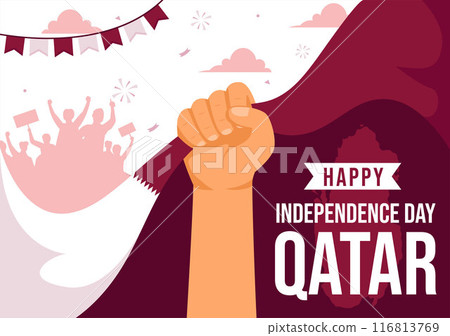 Happy Qatar Independence Day Vector Illustration for September 3rd featuring a Waving Flag and Ribbon in a Flat Style Cartoon Background 116813769