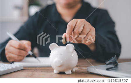 Hand holding coin with pig piggy bank. Saving and financial accounts concept. 116813797