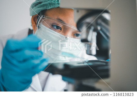 Female researchers are experimenting with pipette dropping a sample into a test tube in an experiment research in laboratory... 116813823